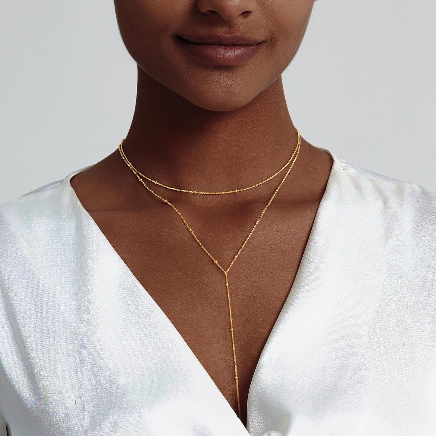 Lariat Gold Necklace for Women: Dainty 14K Gold Plated/Silver Y-Shaped Beaded Drop Chain, Trendy Gift