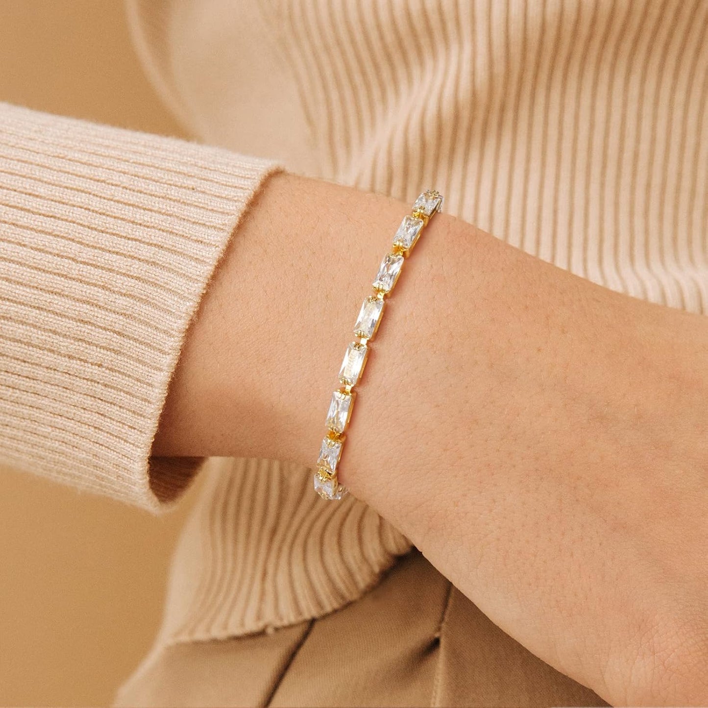 Tennis Bracelet for Women, 14K Gold Plated Cubic Zirconia Adjustable Slider Bracelets Trendy Jewelry Gift