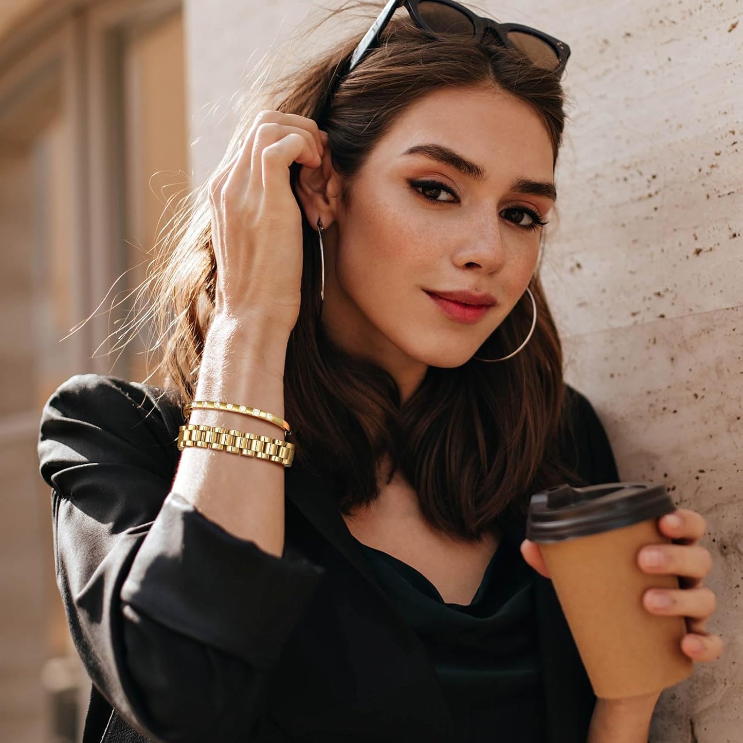 2pcs Gold Chain Link Bracelet, Stainless Steel Crystal Friendship Bracelets Bangle,Watch Band Chains Wristband