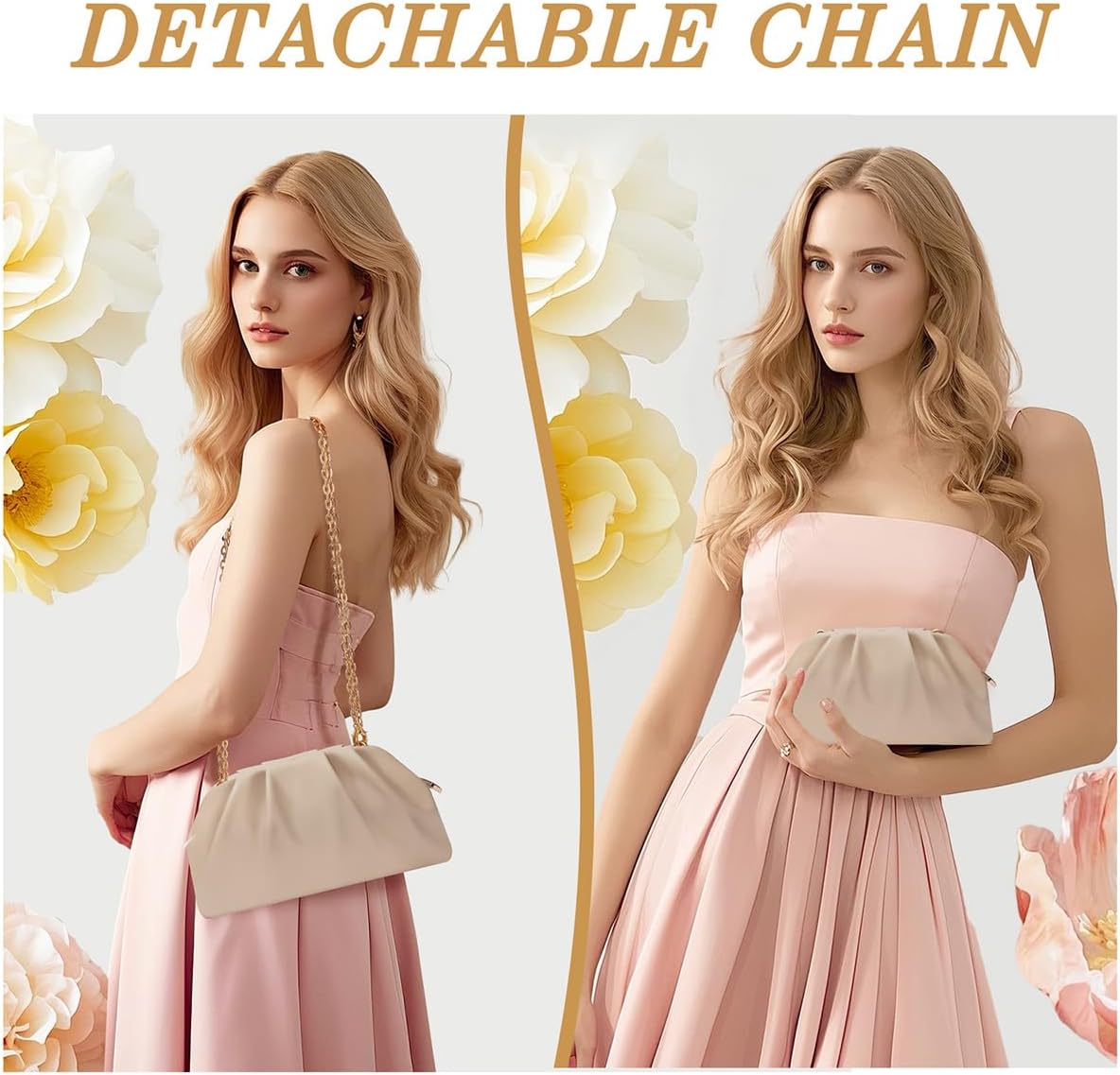 Clutch Purse for Women Soft Pleated PU Wedding Clutch, Elegant Evening Bag for Galas, Proms,Cocktail Parties