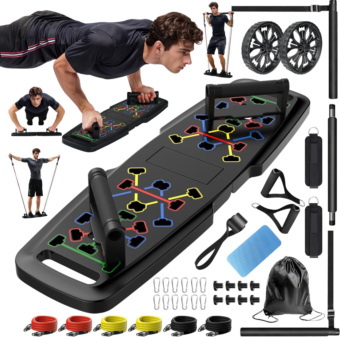 OMOMMD Push Up Board,Home Gym,Portable Exercise Equipment,Pilates Bar and 20 Fitness Accessories with Resistance Bands and Ab Roller Wheel,Full Body Workout at Home