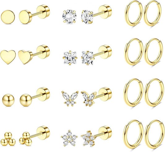 Jstyle Surgical Steel Earrings for Sensitive Ears 14K Gold Flat Back Earrings for Women Men Small Stainless Steel Earrings