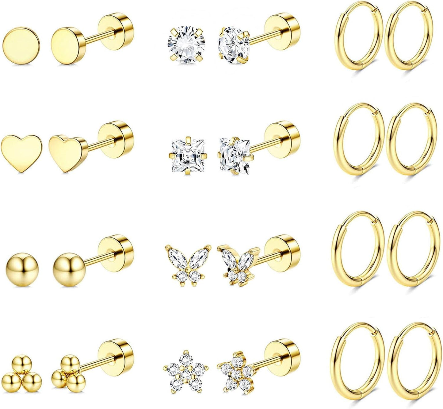 Jstyle Surgical Steel Earrings for Sensitive Ears 14K Gold Flat Back Earrings for Women Men Small Stainless Steel Earrings