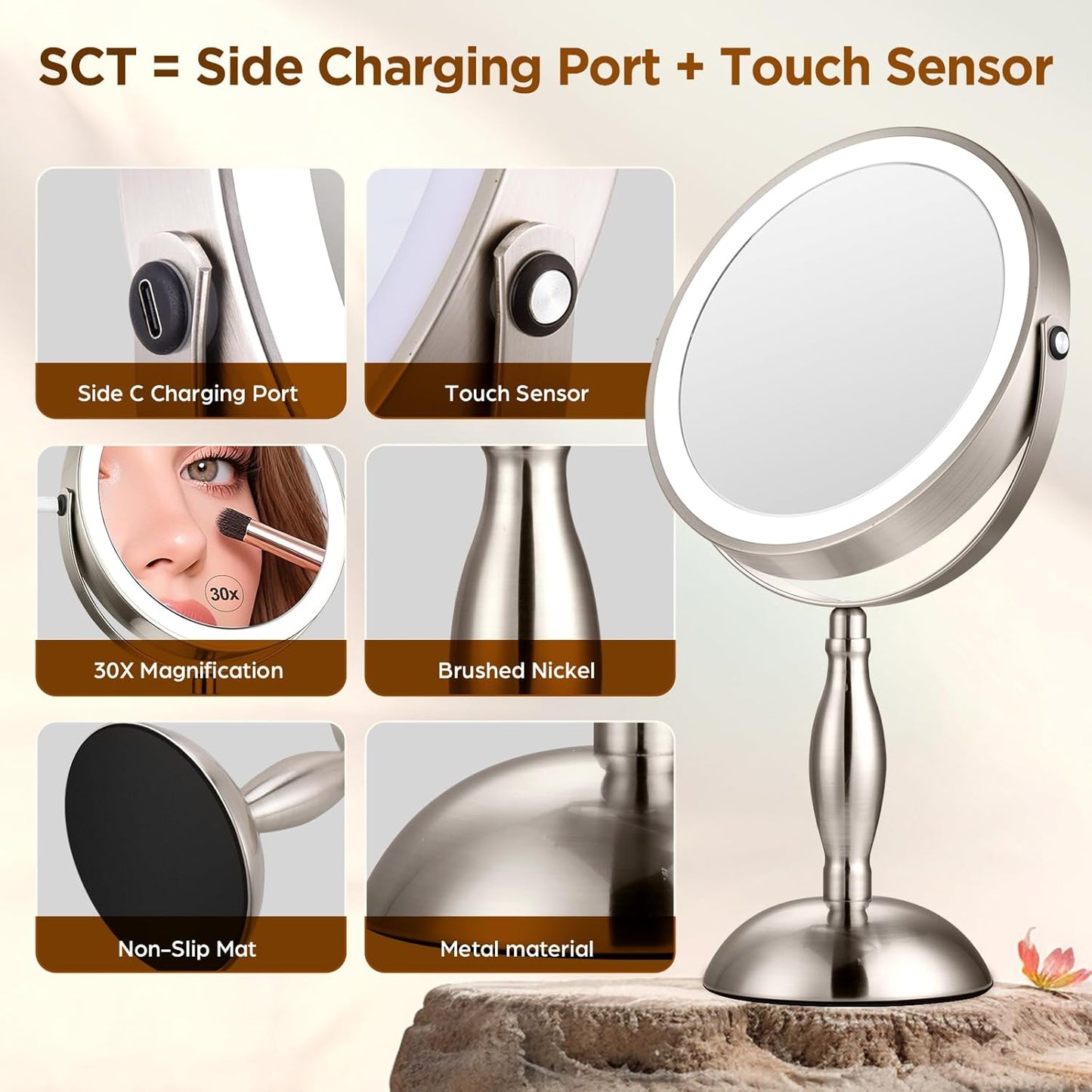 Makeup Mirror, 30x Magnifying Mirror with 3 Lights Colors,  Style Side Touch + Side Charge