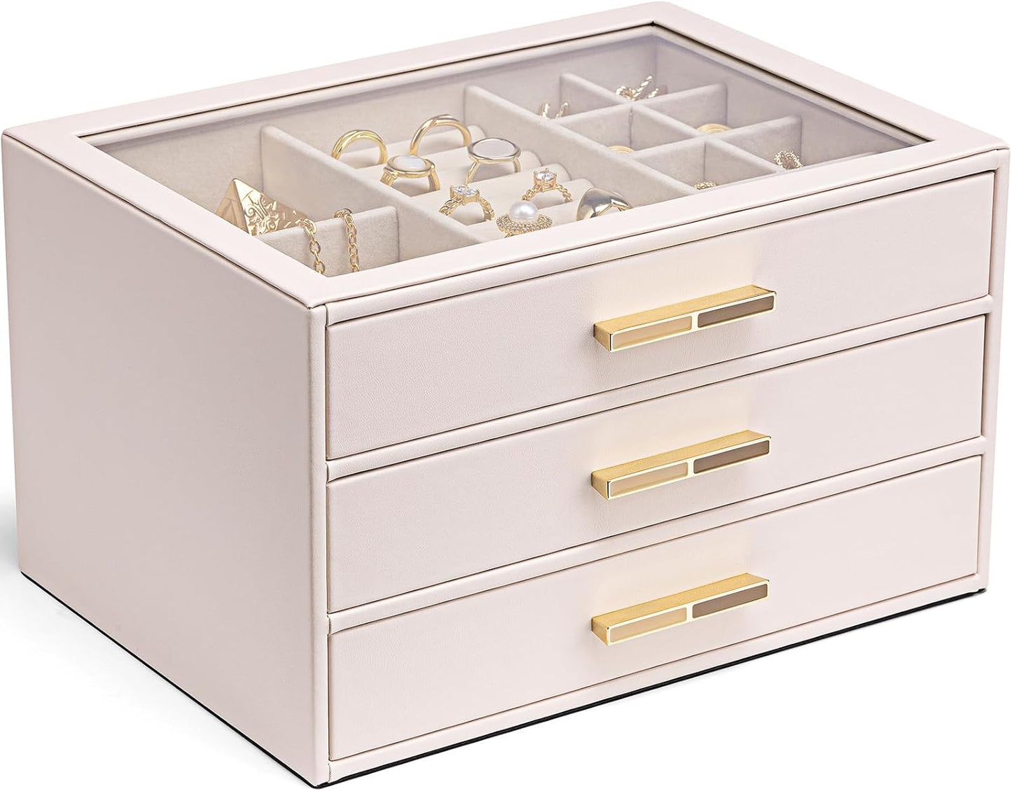 Jewelry Box for Women, Glass Lid Jewelry Organizer with 3 Drawers for Necklaces Rings Earrings Bracelets-Light Pink