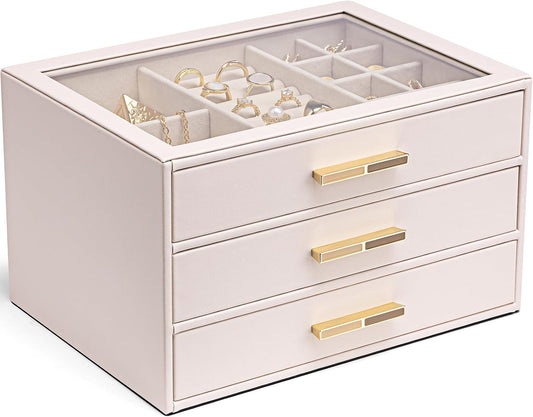 Jewelry Box for Women, Glass Lid Jewelry Organizer with 3 Drawers for Necklaces Rings Earrings Bracelets-Light Pink