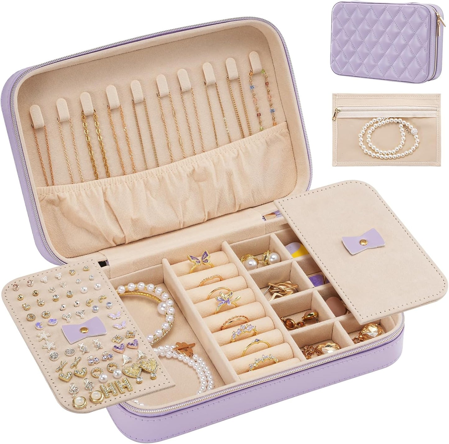 Travel Jewelry Organizer Box with Mirror & Clear Storage Bag, Small Portable Traveling Earring Necklace Bracelet Ring Case