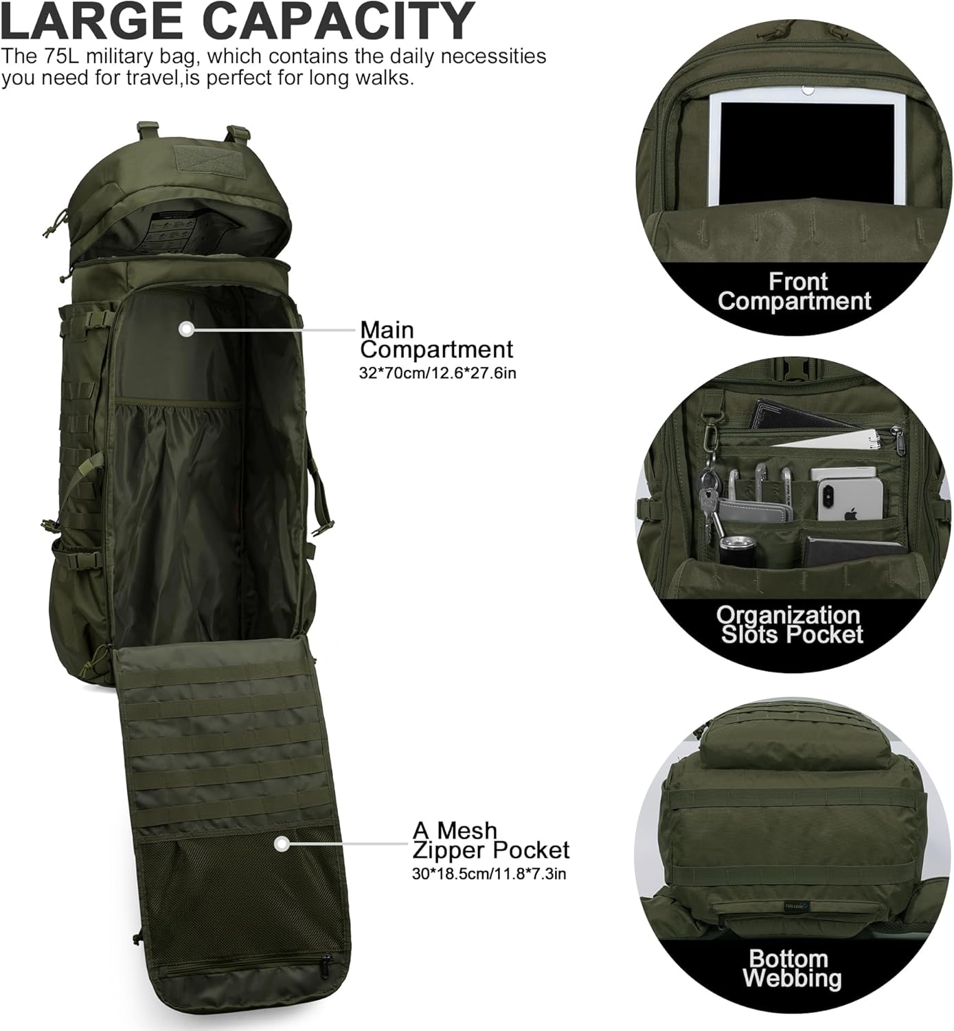 75L Molle Hiking Internal Frame Backpacks with Rain Cover for Camping,Backpacking,Travelling