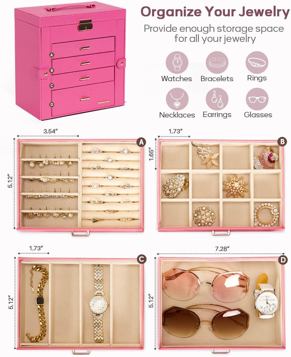 Synthetic Leather Huge Jewelry Box Mirrored Watch Organizer Necklace Ring Earring Storage Lockable