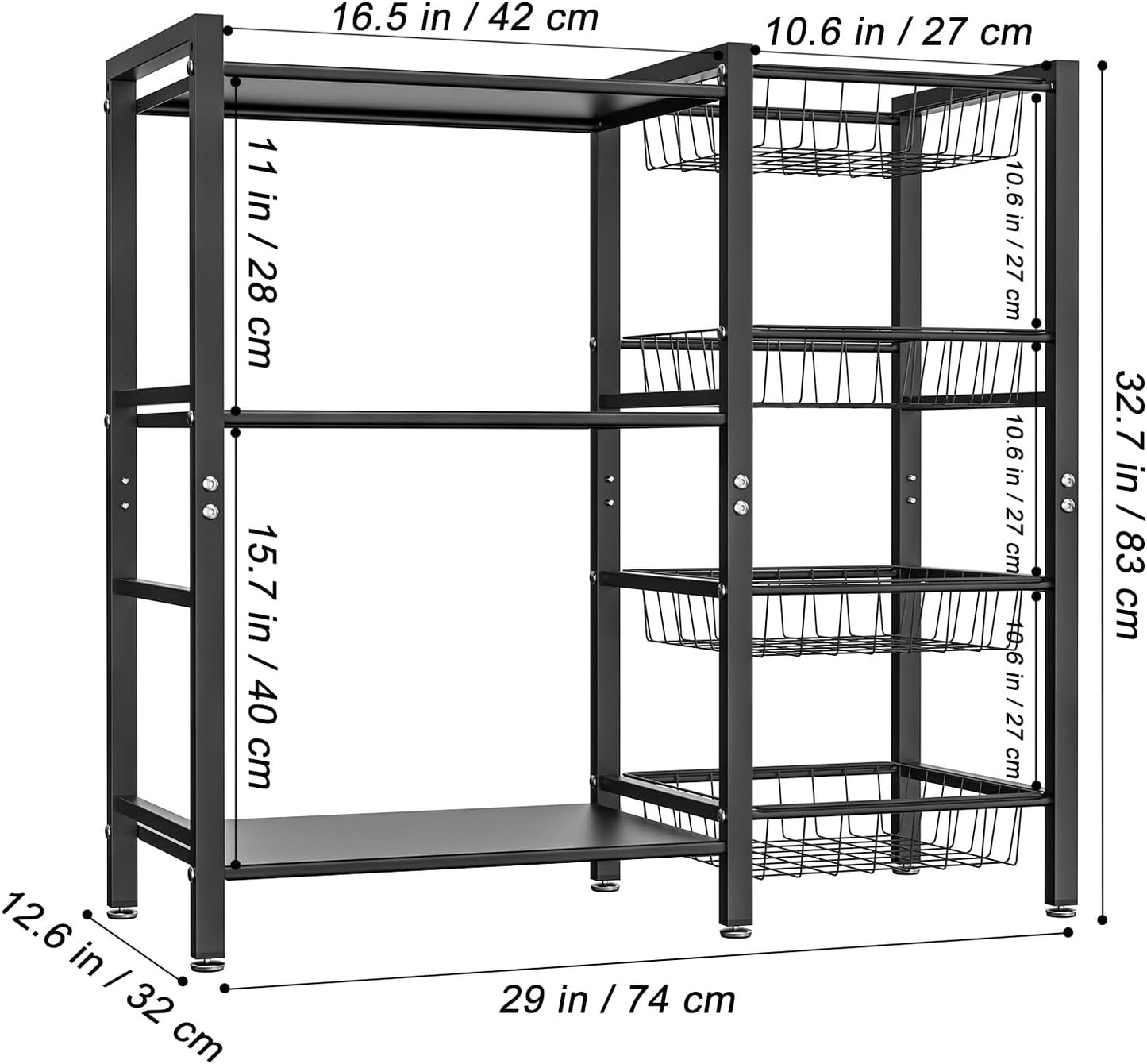 Storage Rack Kitchen Baker's Rack - 3 Tiers 4 Baskets, with Steel Mesh Baskets