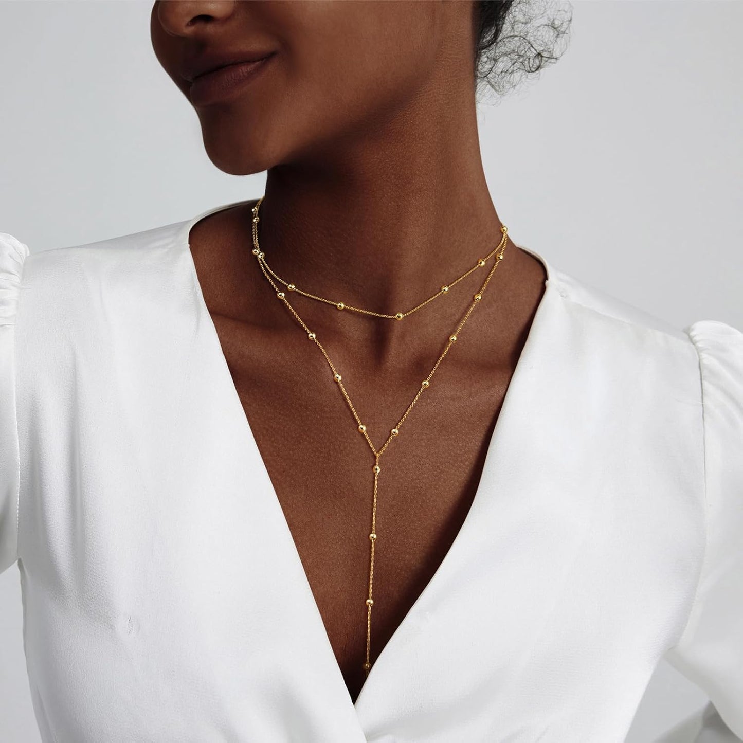 Adjustable Lariat Y-Necklace | 14K Gold Plated/Silver Dainty Beaded Drop Chain - Boho Jewelry Gift for Her