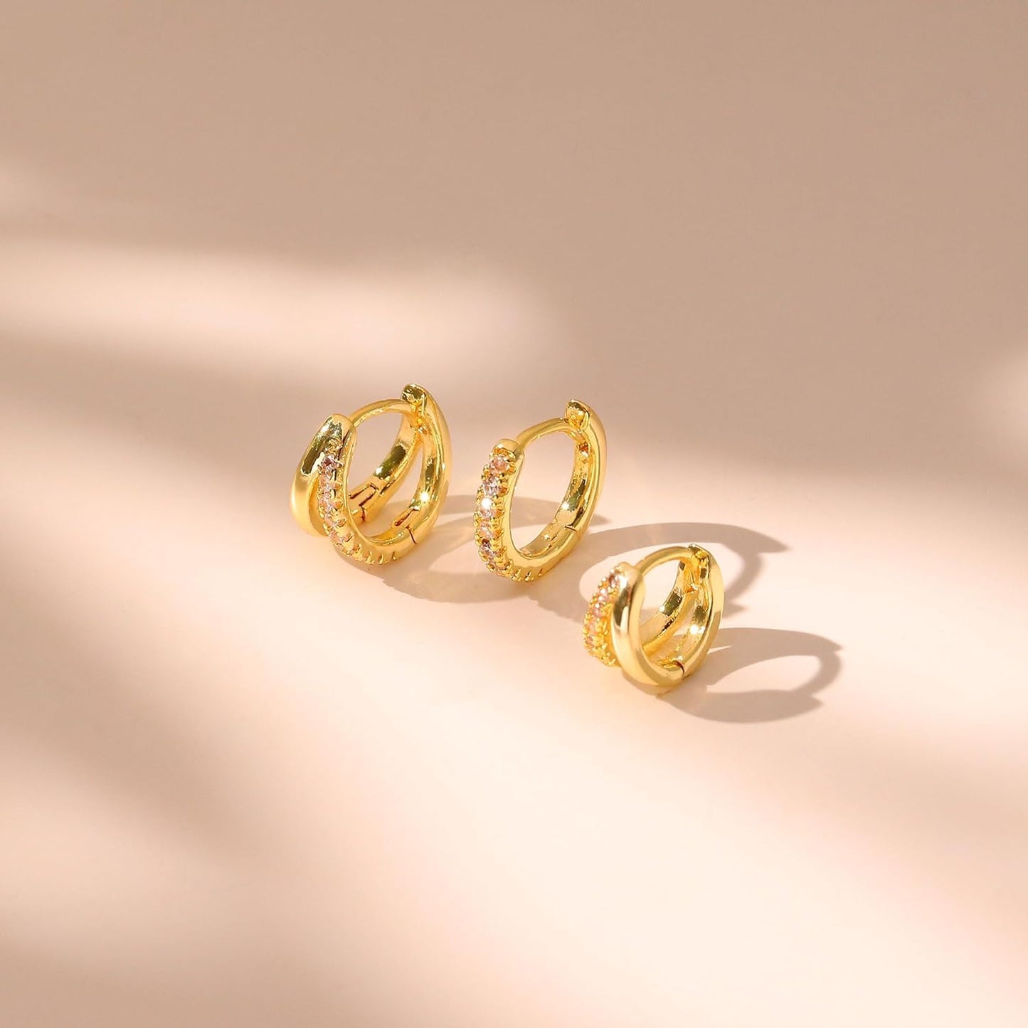 3 Pairs Small Gold Hoop Earring, 14K Gold Plated Earring Stacks Butterfly Heart Star Moon Bow Four Leaf Rhombus Round CZ Pearl