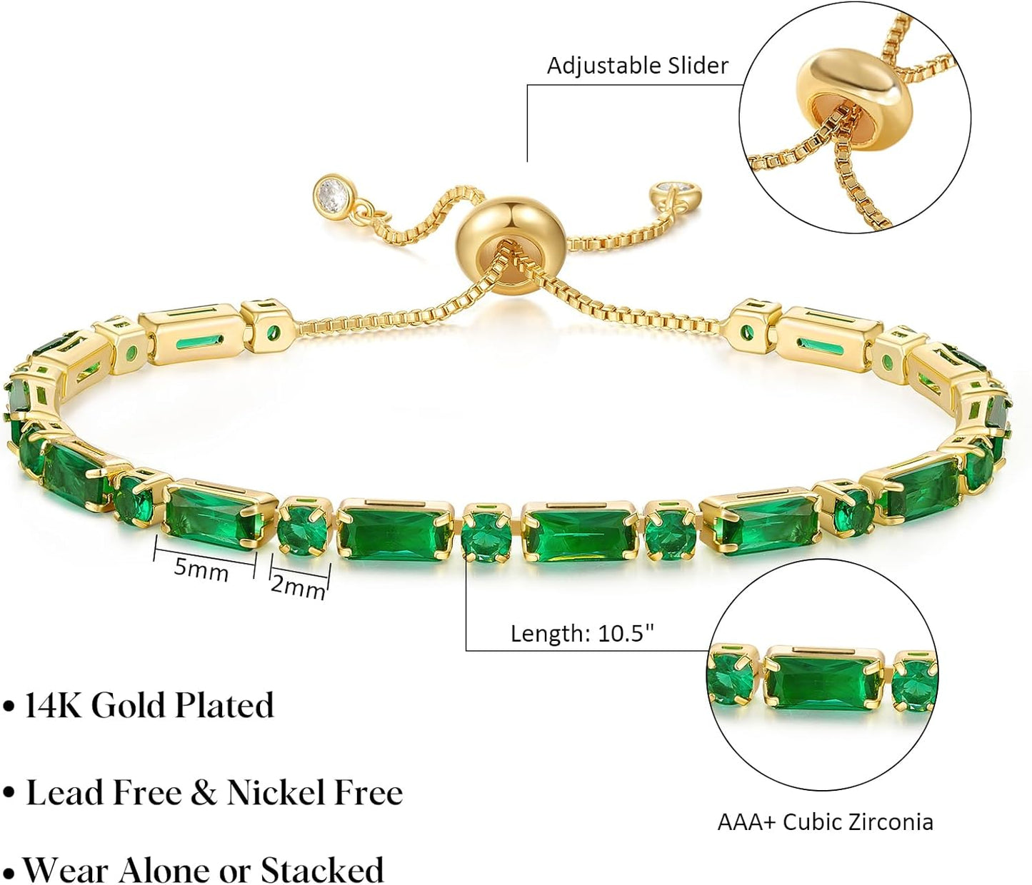 Tennis Bracelet for Women, 14K Gold Plated Cubic Zirconia Adjustable Slider Bracelets Trendy Jewelry Gift