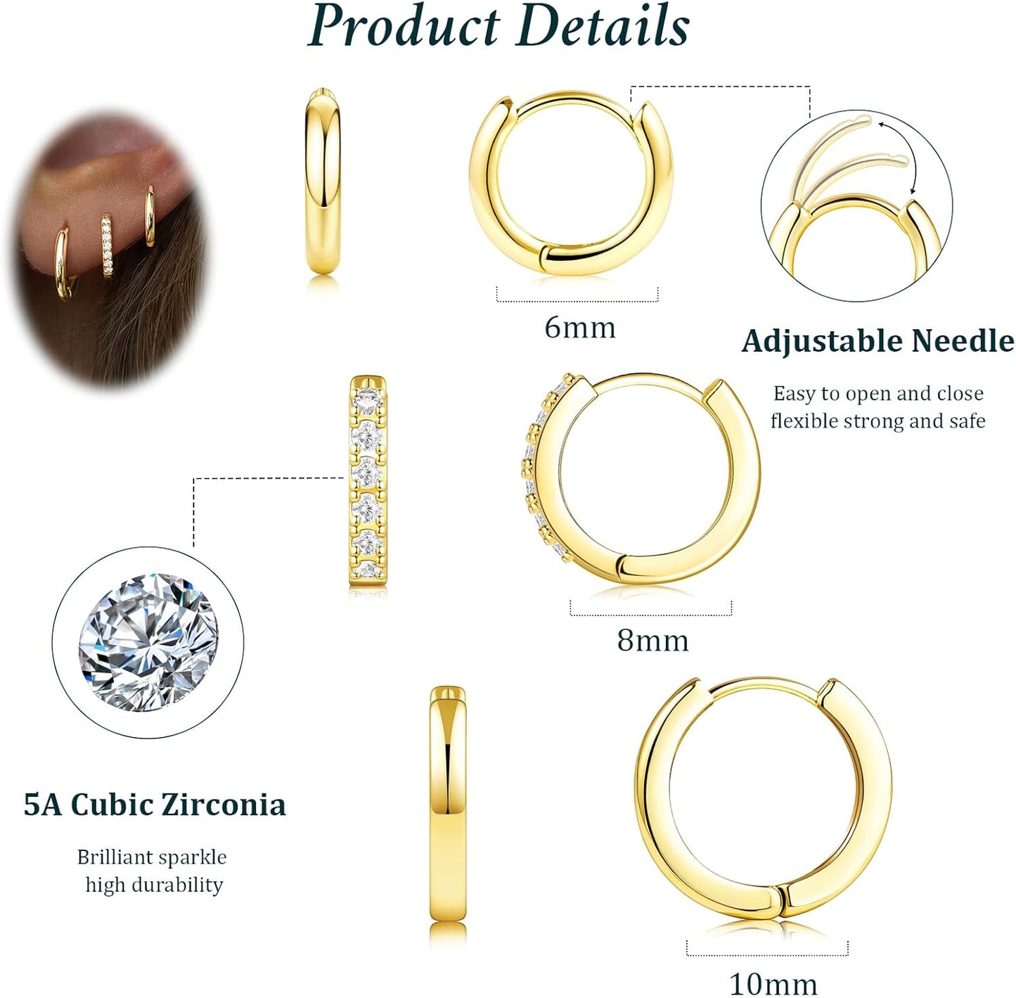 Small Sterling Silver Huggie Hoop Earrings Set for Women, 14K Gold Plated Hoops Stacks for Multiple Piercings