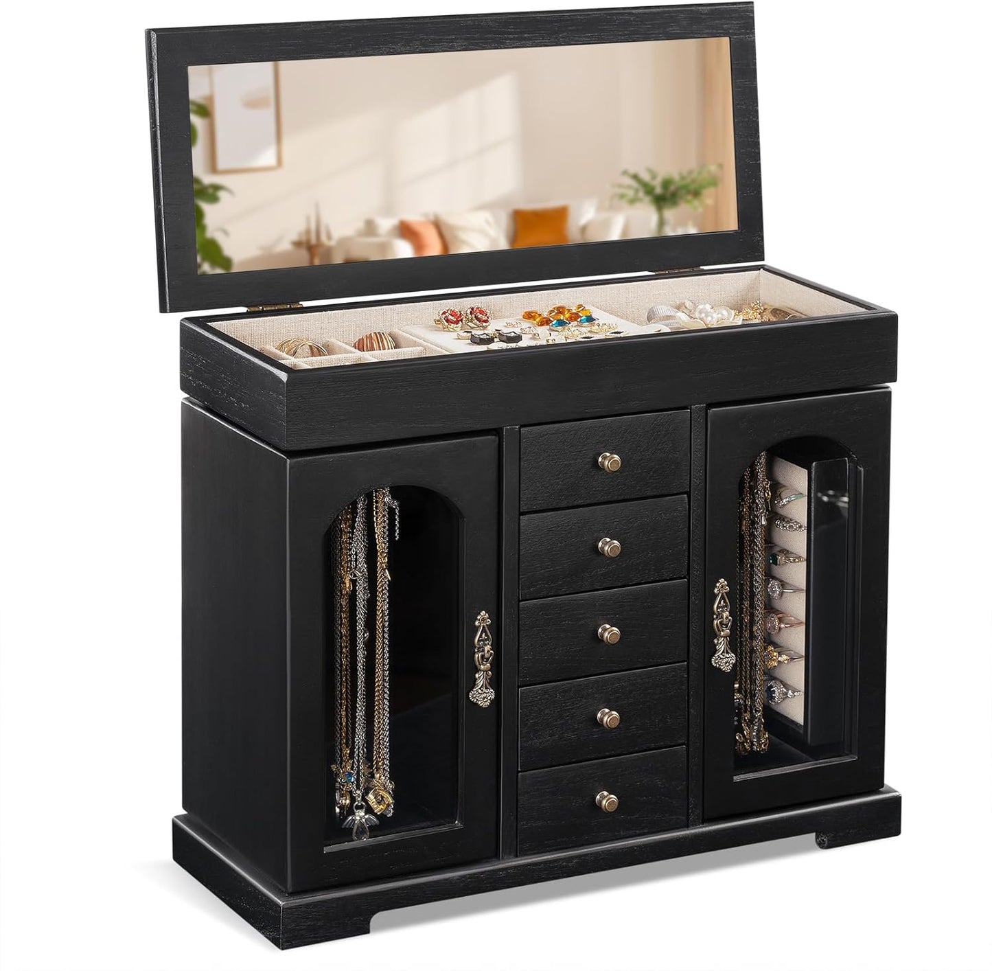 5 Layer Jewelry Storage Case Display, Rustic Wooden Jewelry Organizer Box with Mirror