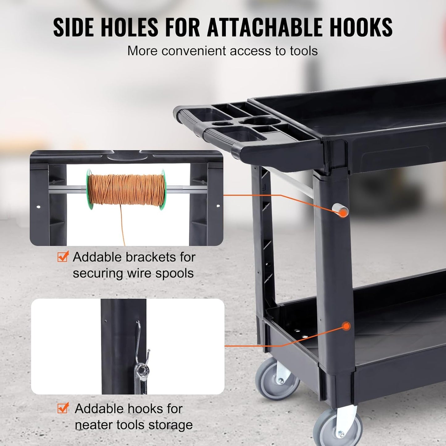 Utility Service Cart, 2 Shelf  Duty Plastic Rolling Utility Cart, Medium Lipped Shelf, 360° Swivel Wheels