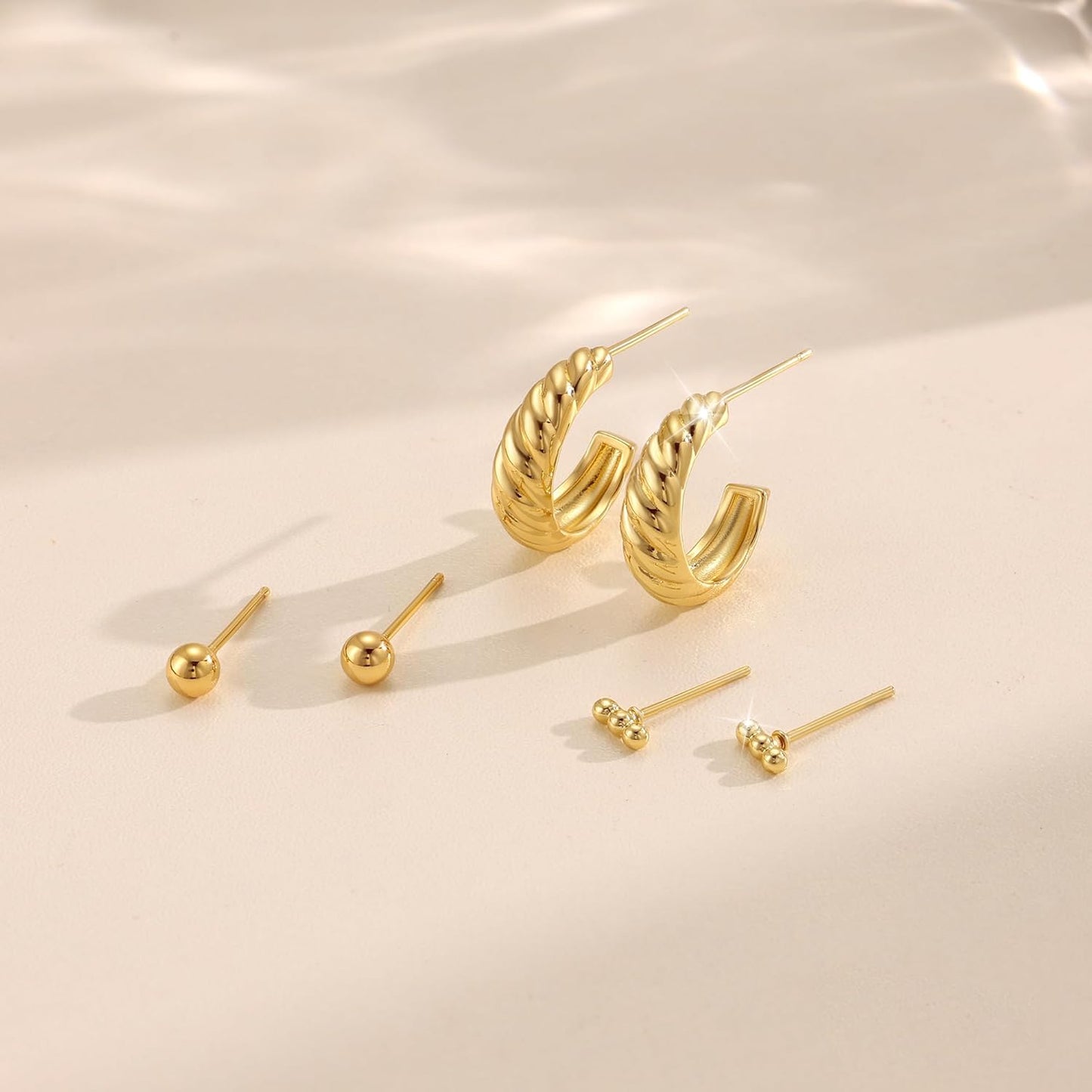 Freekiss 3 Pairs Gold Hoop Earrings Set: Dainty Stud Earrings Trendy Small 14K Gold Plated Hypoallergenic Dangle Cartilage