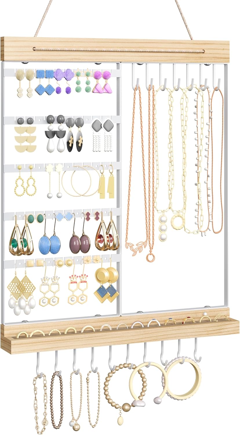 Hanging Jewelry Organizer, 5-Tier Wall Earring Holder with Wooden Ring Groove, Jewelry Rack Wall Mounted