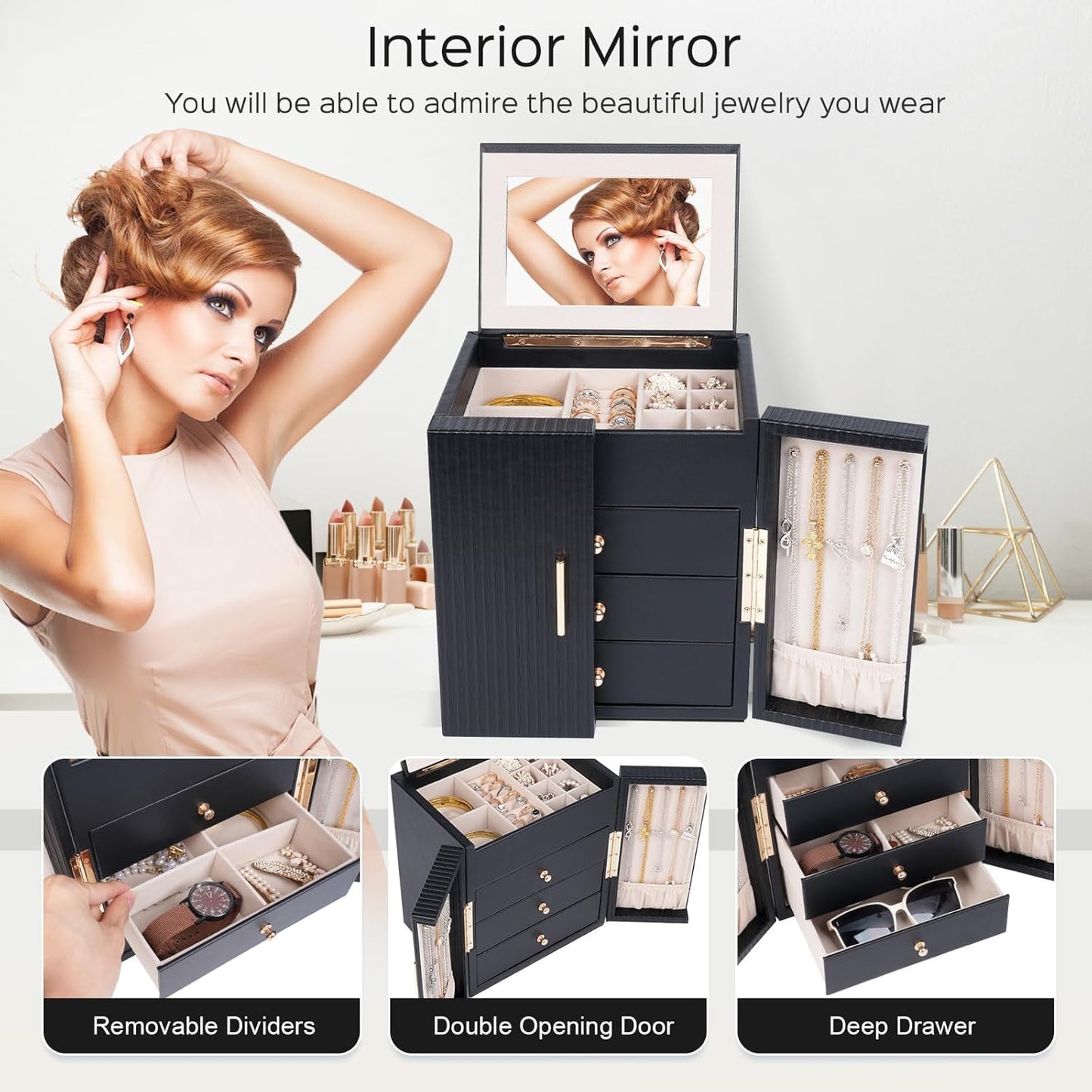 Large Jewelry Box for Women, Jewelry Organizer Box with 3 Drawers, Jewelry Storage Organizer with Mirror