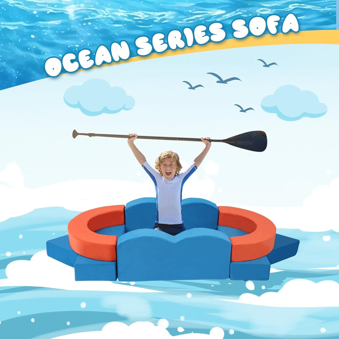 22Pcs Modular Kids Sectional Sofas for Toddler - Kids Sofa Bed for Playroom, Convertible Furniture Ocean Theme