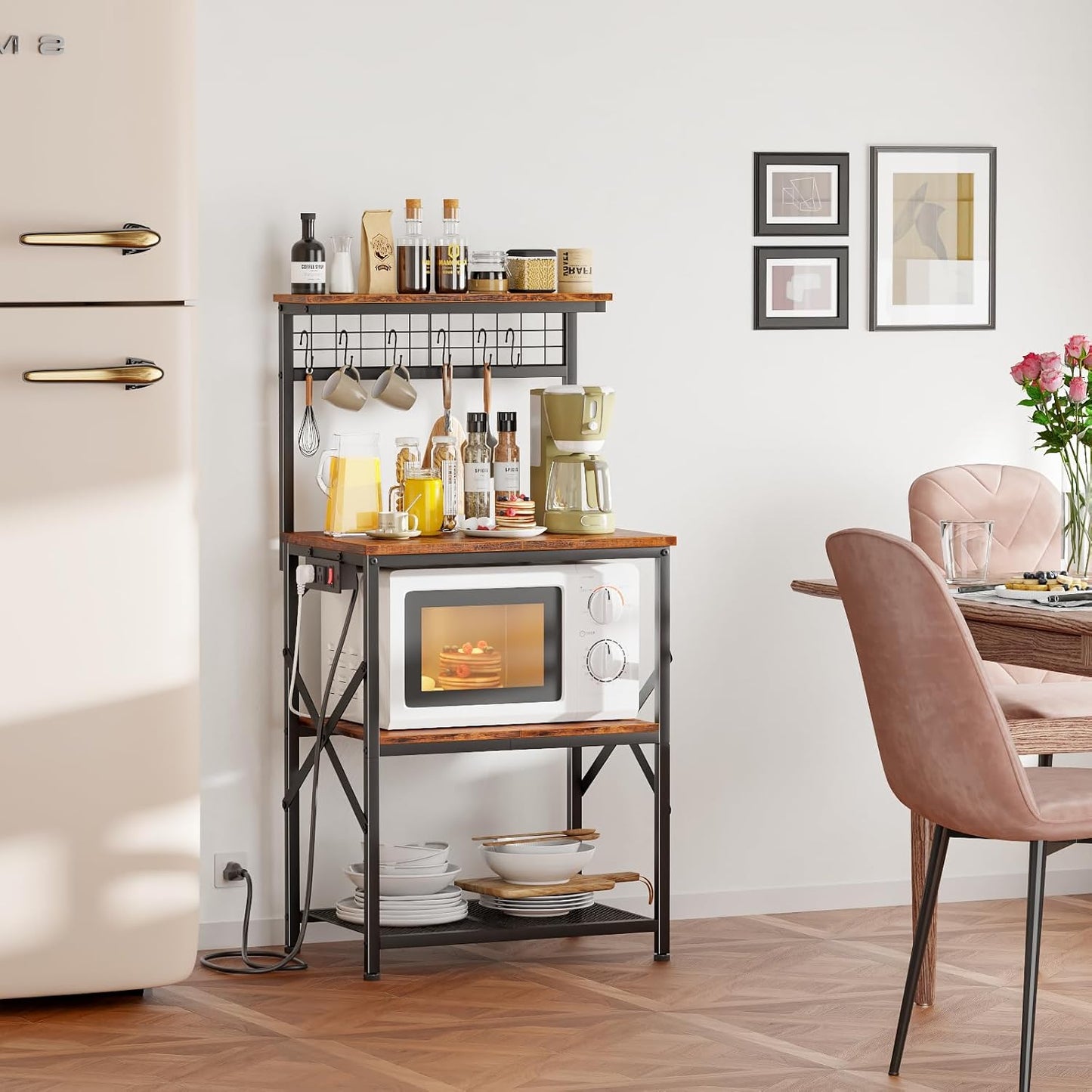 Coffee Bar Station with a 22inch Inch Desktop and 8 S Hooks,Kitchen Microwave Rack for Spices,Pots