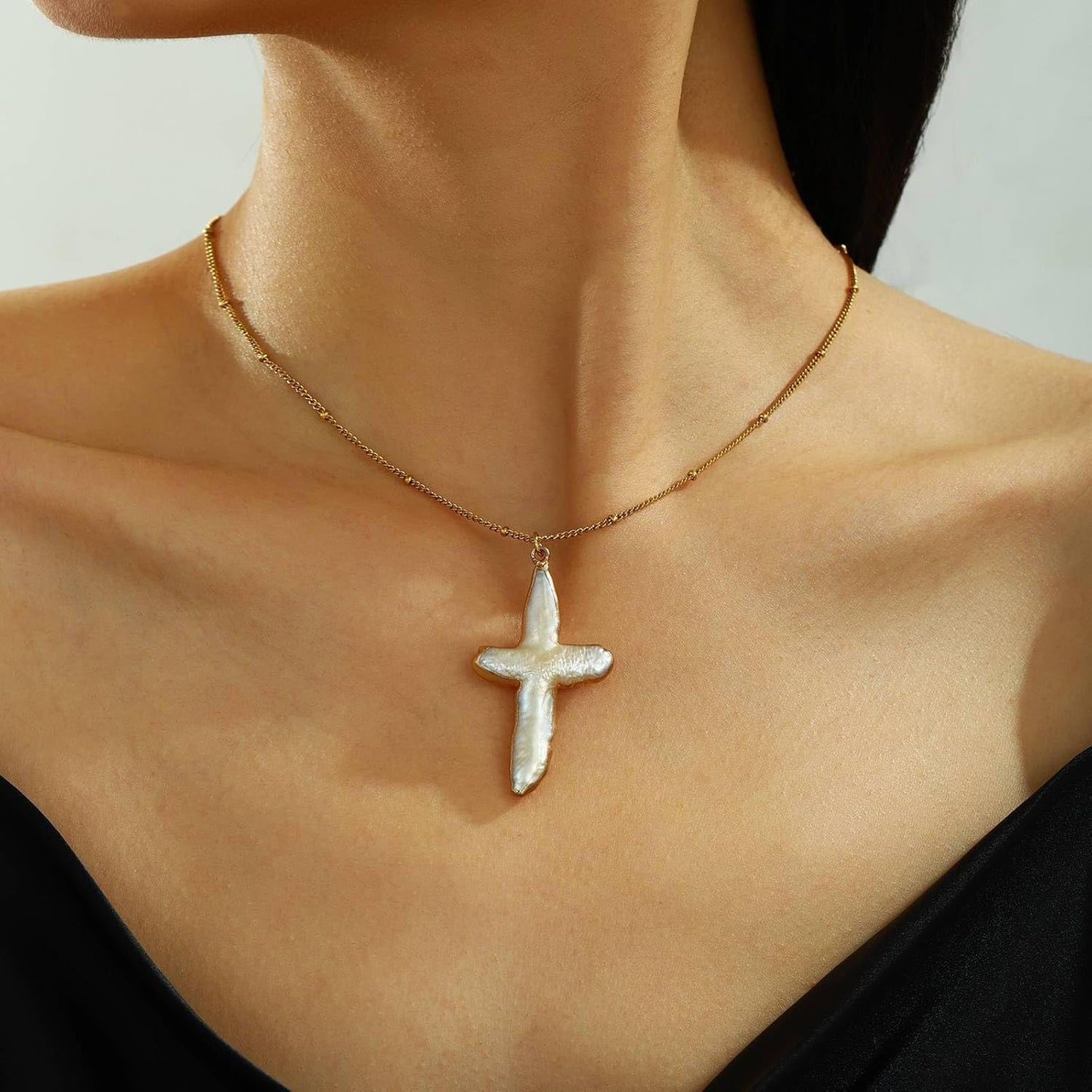 Freshwater Baroque Pearl & Gold Cross Necklace - Chunky Statement Sideways Pendant for Women/Men, Natural Christian Religious Gift