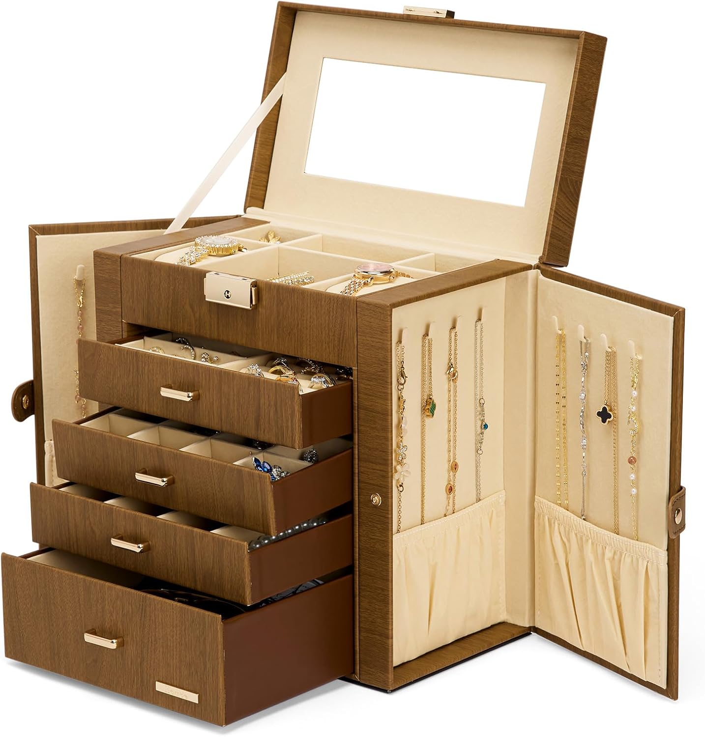 Synthetic Leather Huge Jewelry Box Mirrored Watch Organizer Necklace Ring Earring Storage Lockable