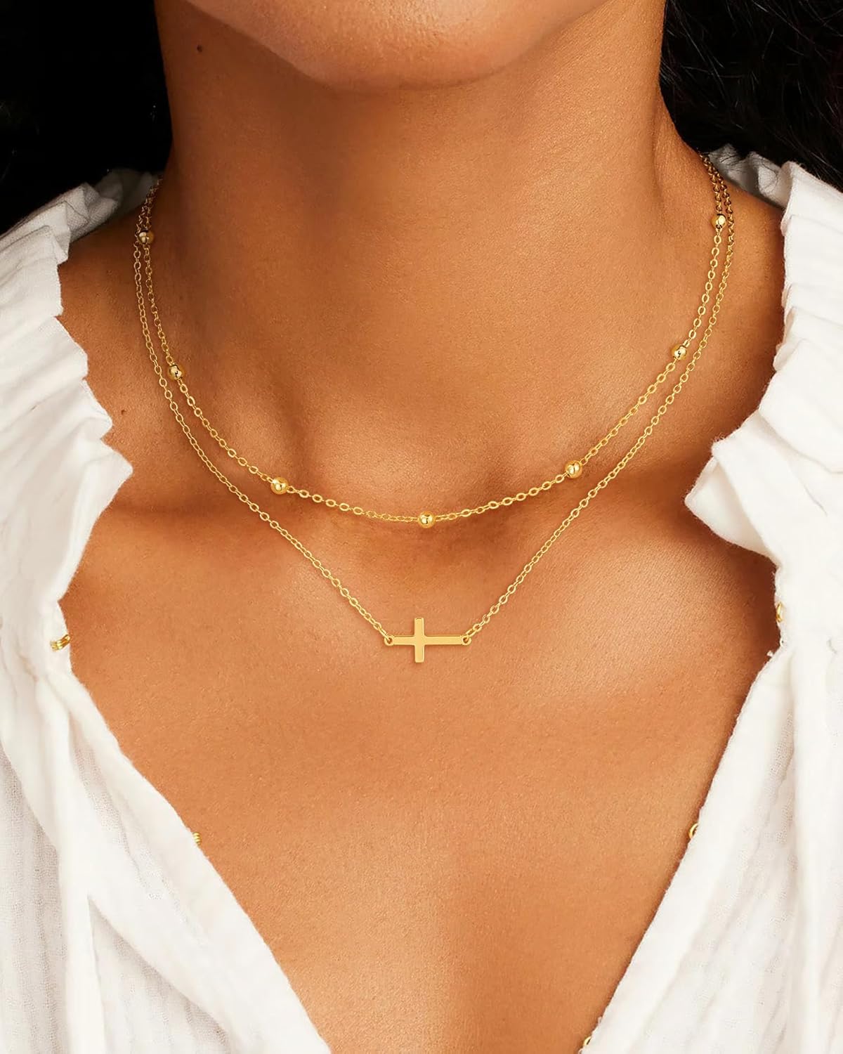 Dainty Layered Cross Necklace: 14K Gold Plated Real Silver Adjustable Choker Gift for Women and Teen Girls