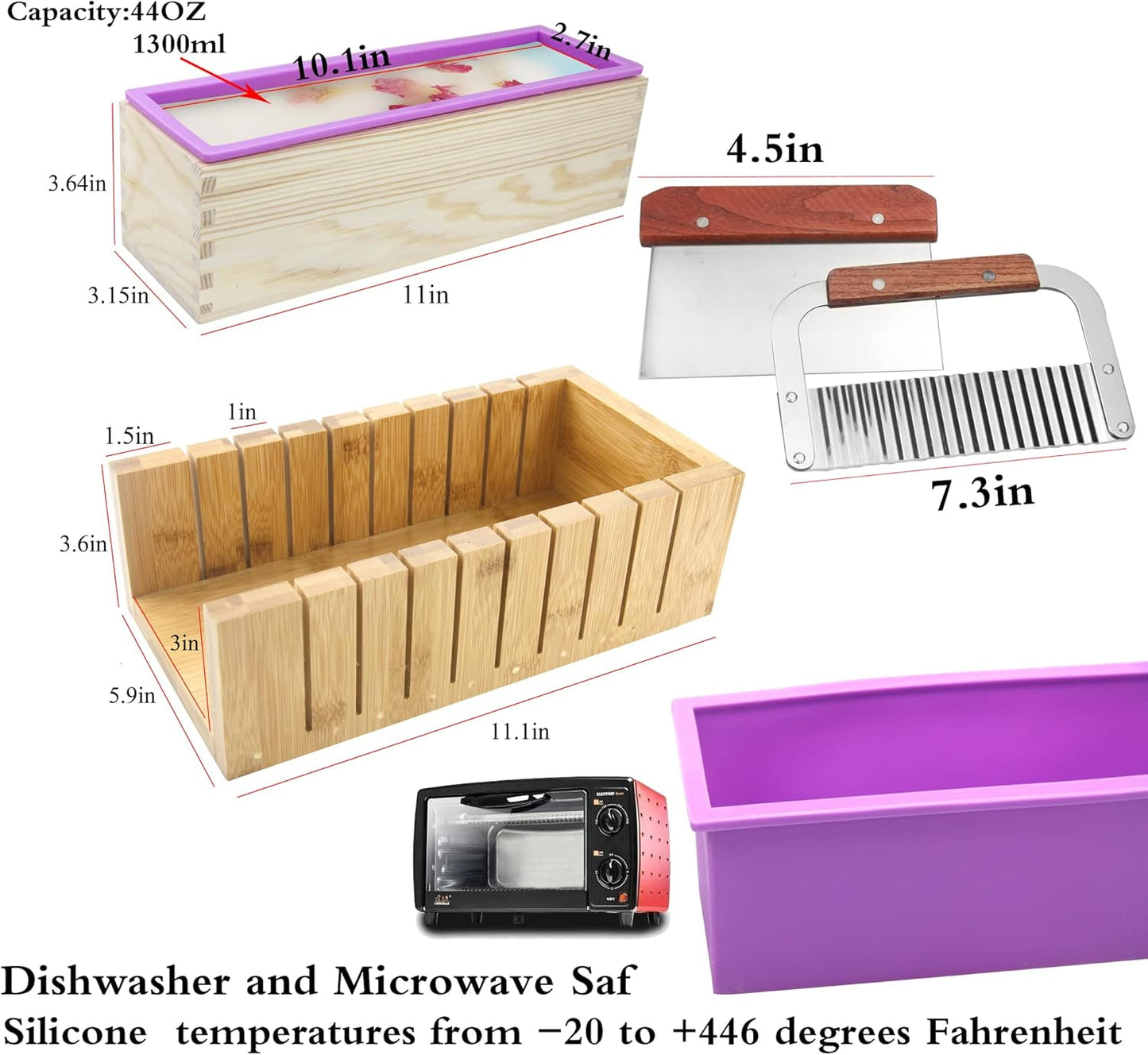 OMOMMD 2 PCS Silicone soap molds Making Kit soap loaf bar Making molds (44oz Purple Pink Silicone) for Adults - Stainless Steel Wavy & Straight Slicer