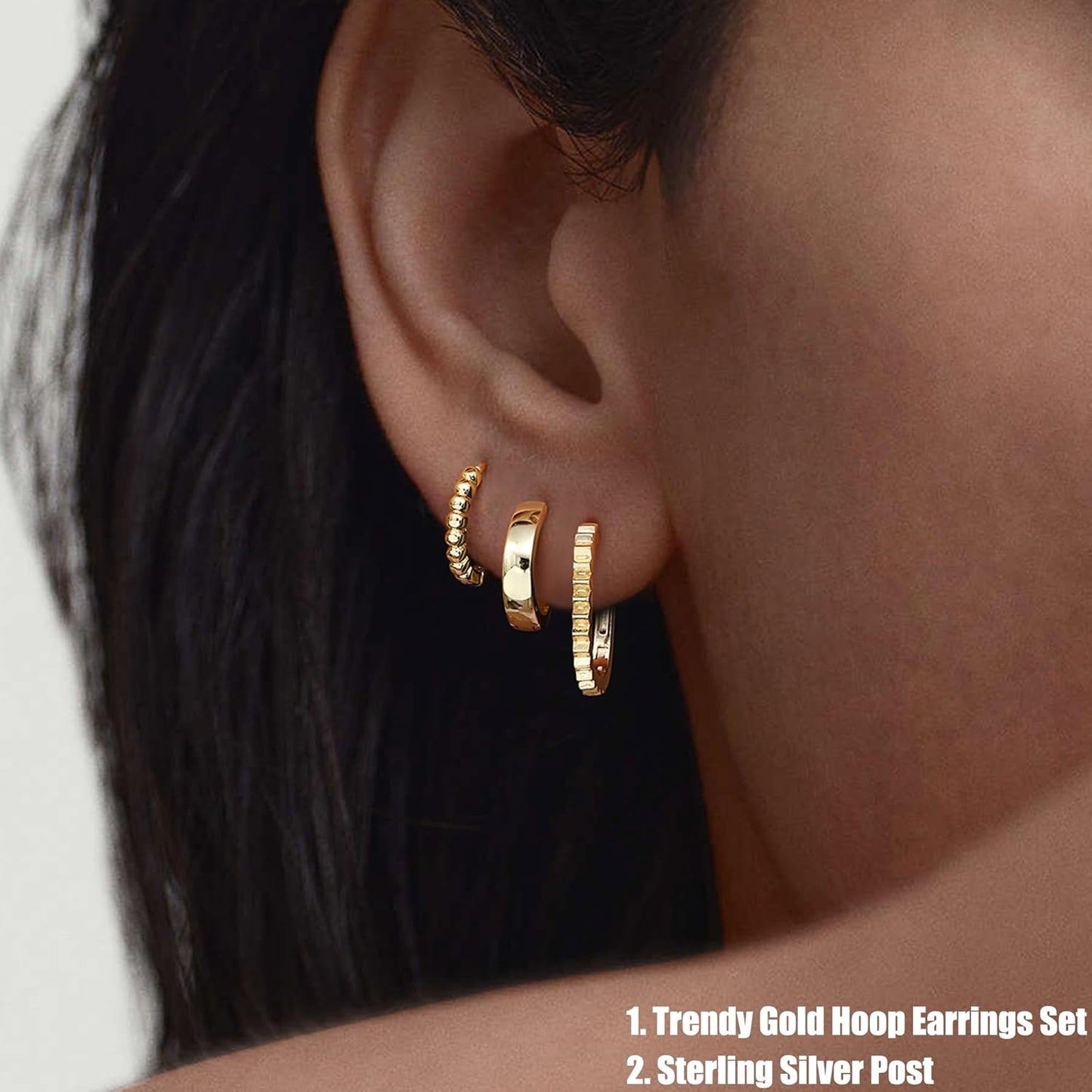3Pairs 925 Sterling Silver, 14K Gold Plated Small Huggie Hoop Earrings Sets for Multiple Piercing CZ Cartilage Earrings Stacks