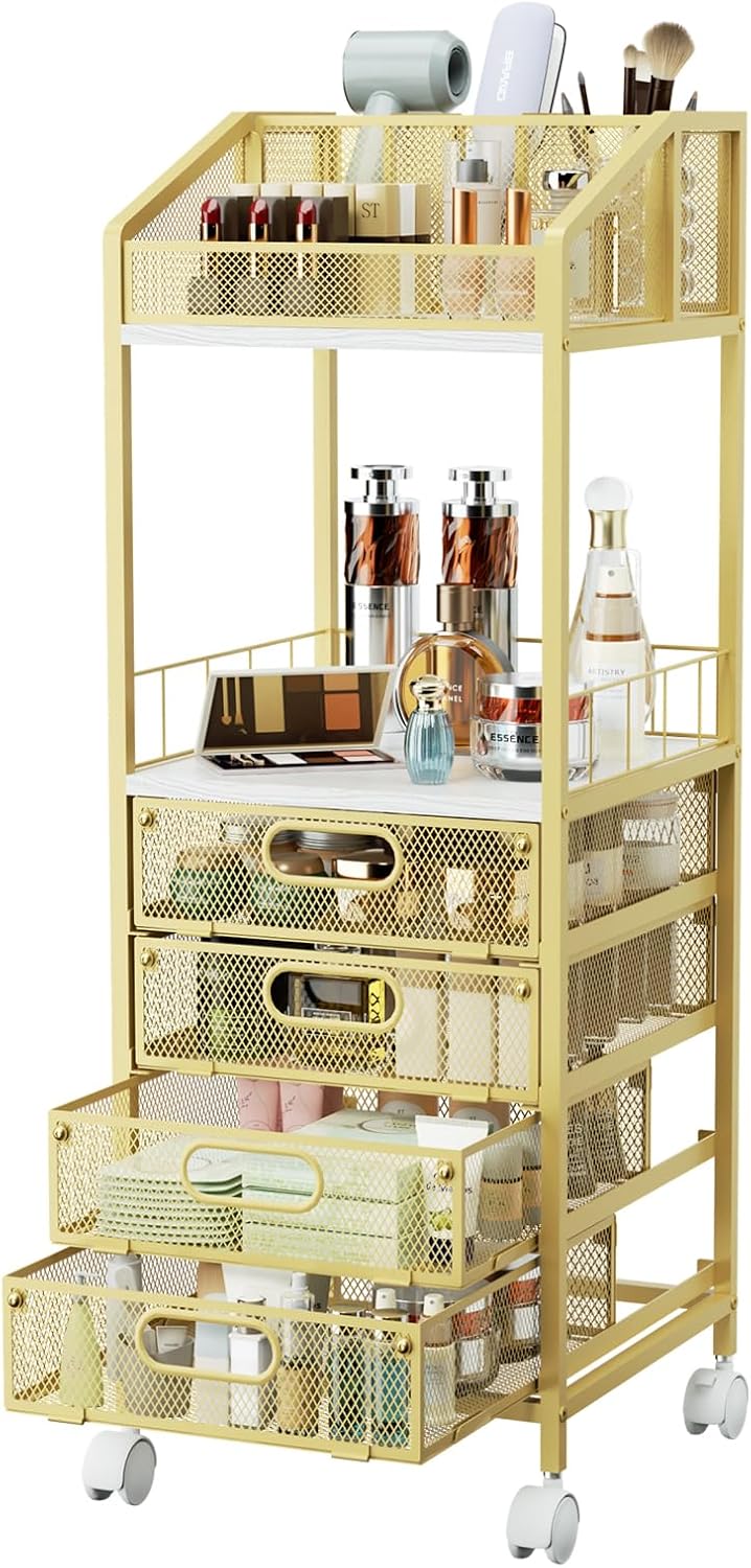 Makeup Organizer Storage Cart - Floor Skincare Make Up Storage with 4 Drawers, Rolling Makeup
