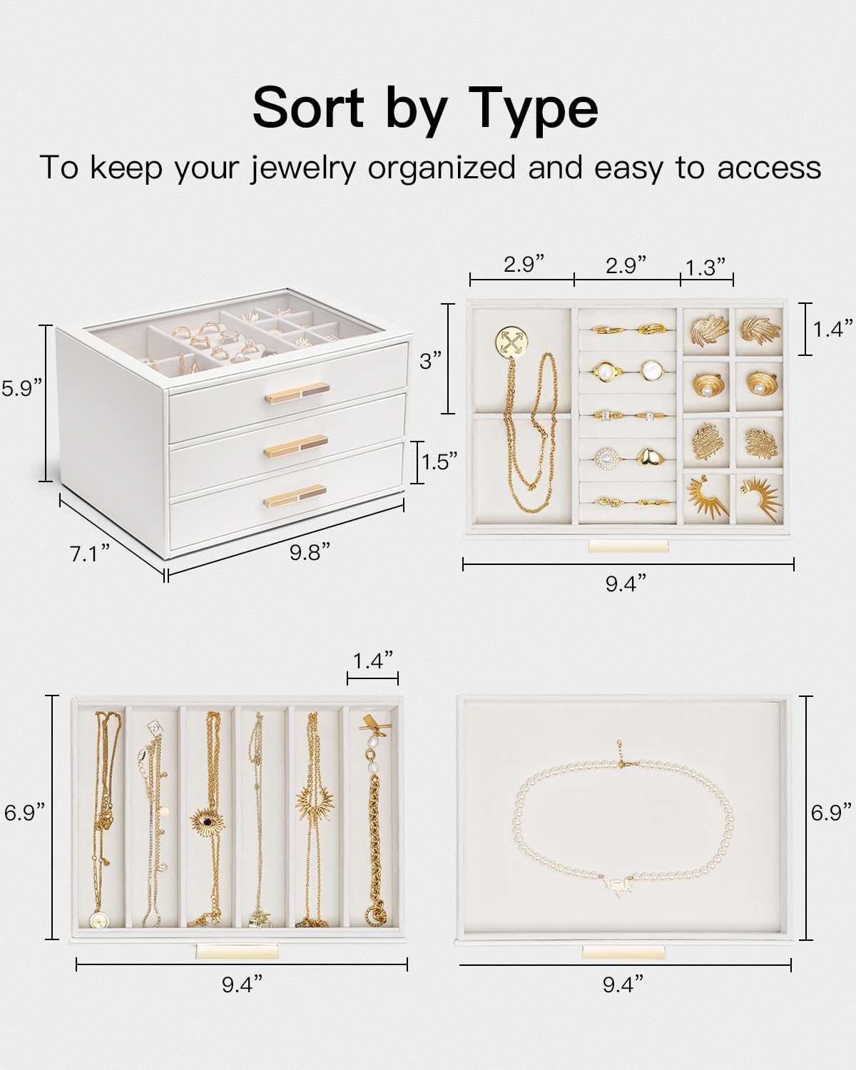 Jewelry Box for Women, Glass Lid Jewelry Organizer with 3 Drawers for Necklaces Rings Earrings Bracelets-White