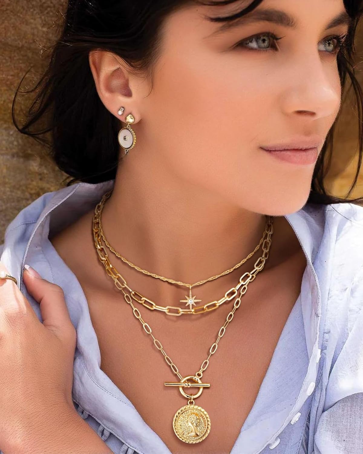 Layered Star & Coin Necklace - 14K Gold Plated Paperclip Choker for Women, Retro Gift