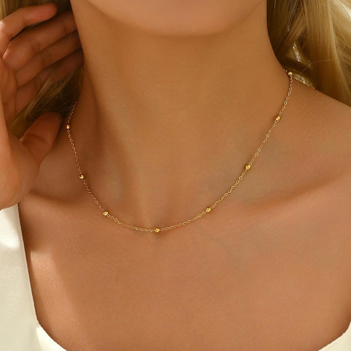 Dainty Gold Chain Necklace For Women - 18K Gold Plated Coin Disc Choker With Beaded & Paper Clip Layered Chain, Everyday Jewelry Gift