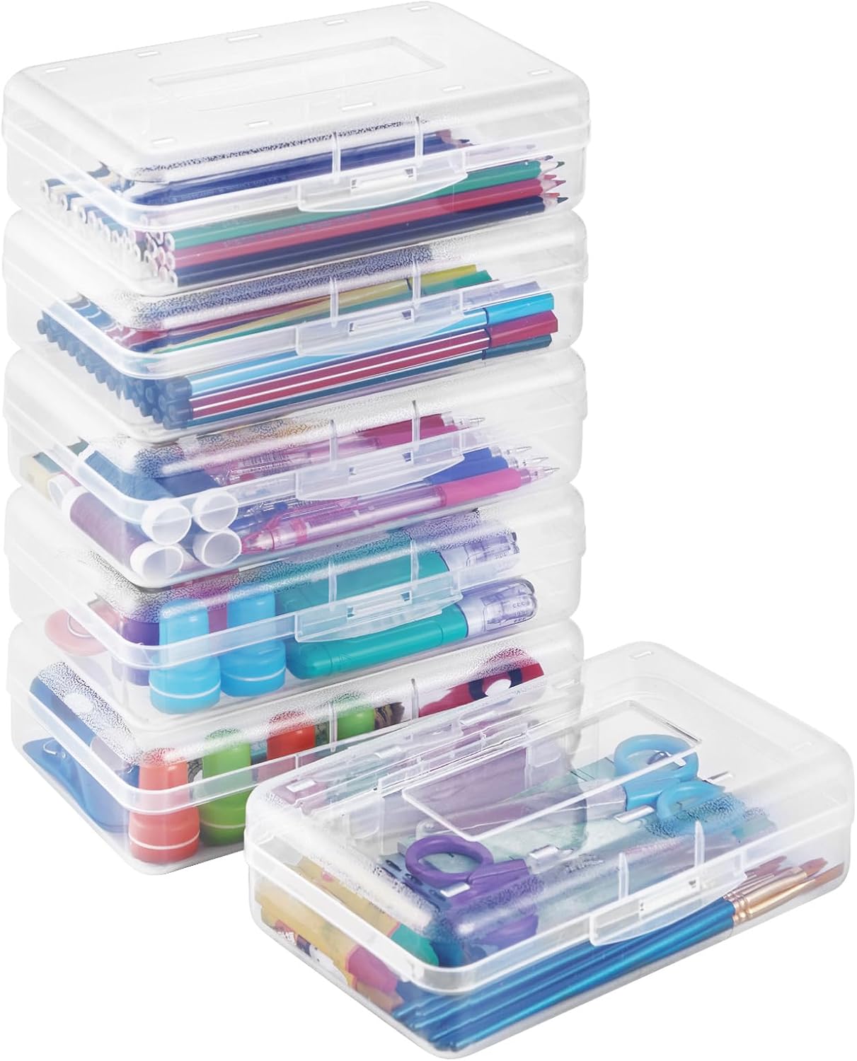 OMOMMD Plastic Pencil Case Box 6 Pack, Large Crayon Maker Pen Organizer, Plastic Containers with Snap Lids, Stackable Craft Storage Boxes Bulk, School Supplies Art Box for Bead, Clear