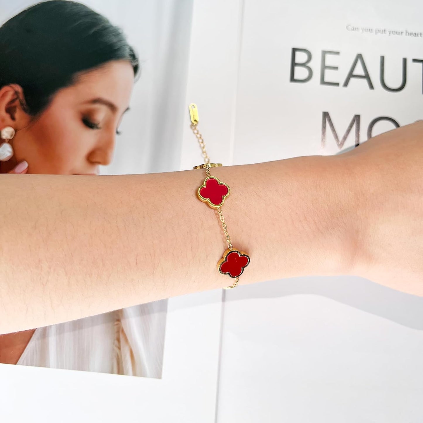 18K Gold Plated Clover Lucky Bracelet for Women White/Black/Red/Green Flower Four Leaf Link Bracelets