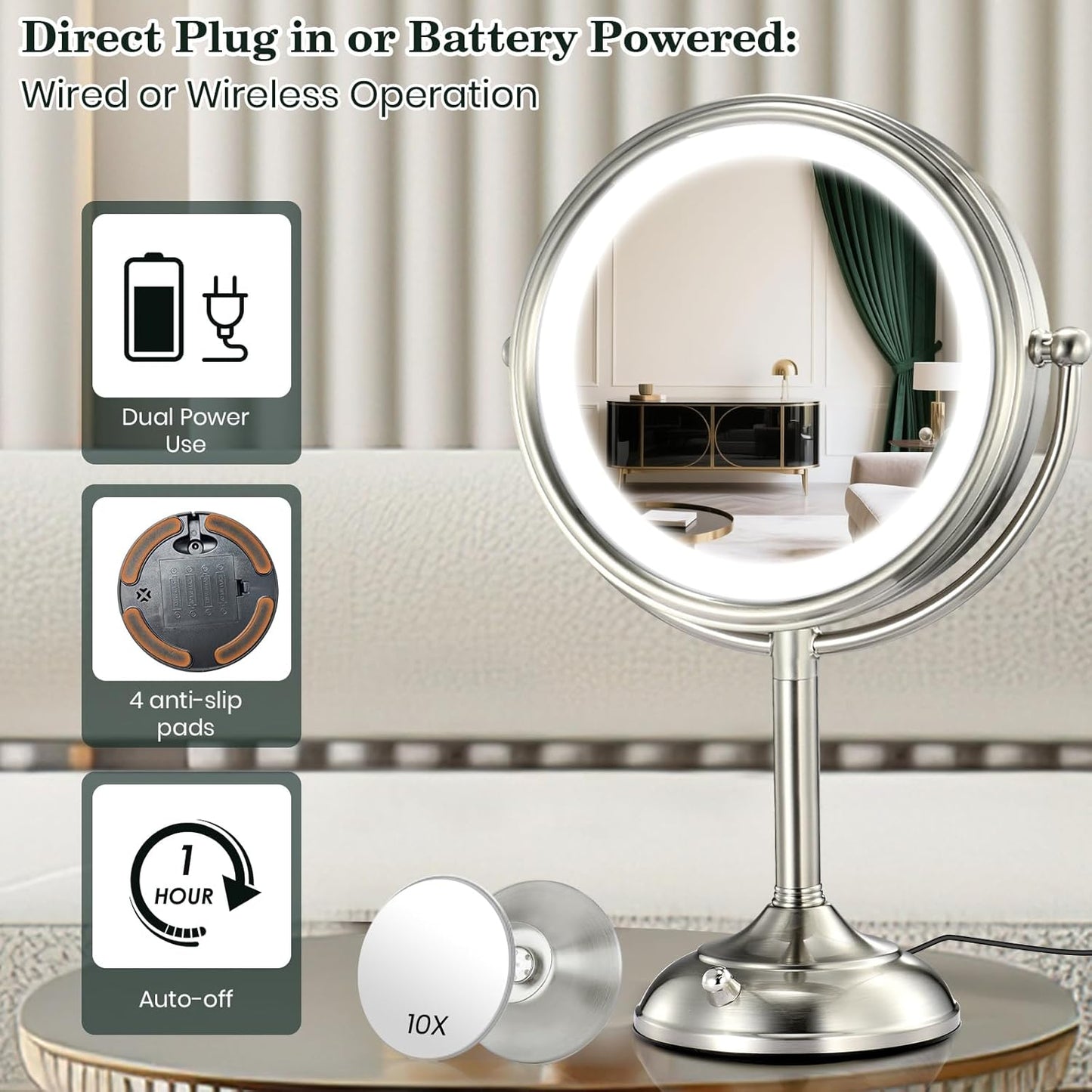 11.8" Extra Large 17" Tall Lighted Makeup Mirror, 1X/5X/10X 3-Sided , 3 Color 360° Swivel Dual Power Vanity Mirror