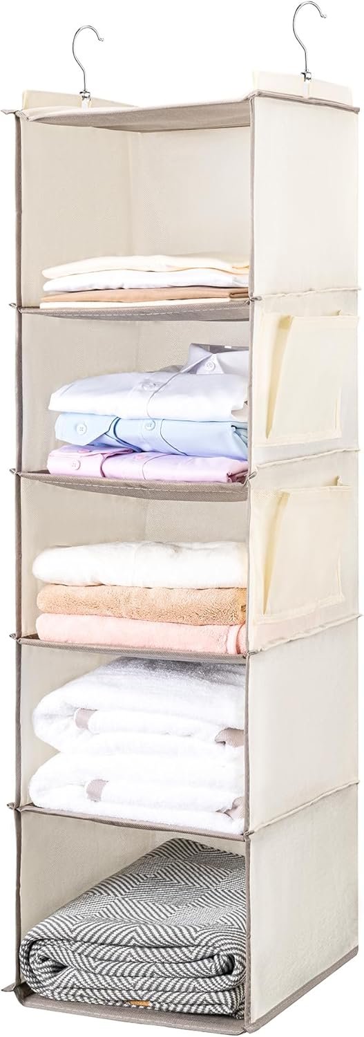 Hanging Closet Organize and Shelves，5-Hanging Shelf with 2 Side Pockets，Storage Foldable