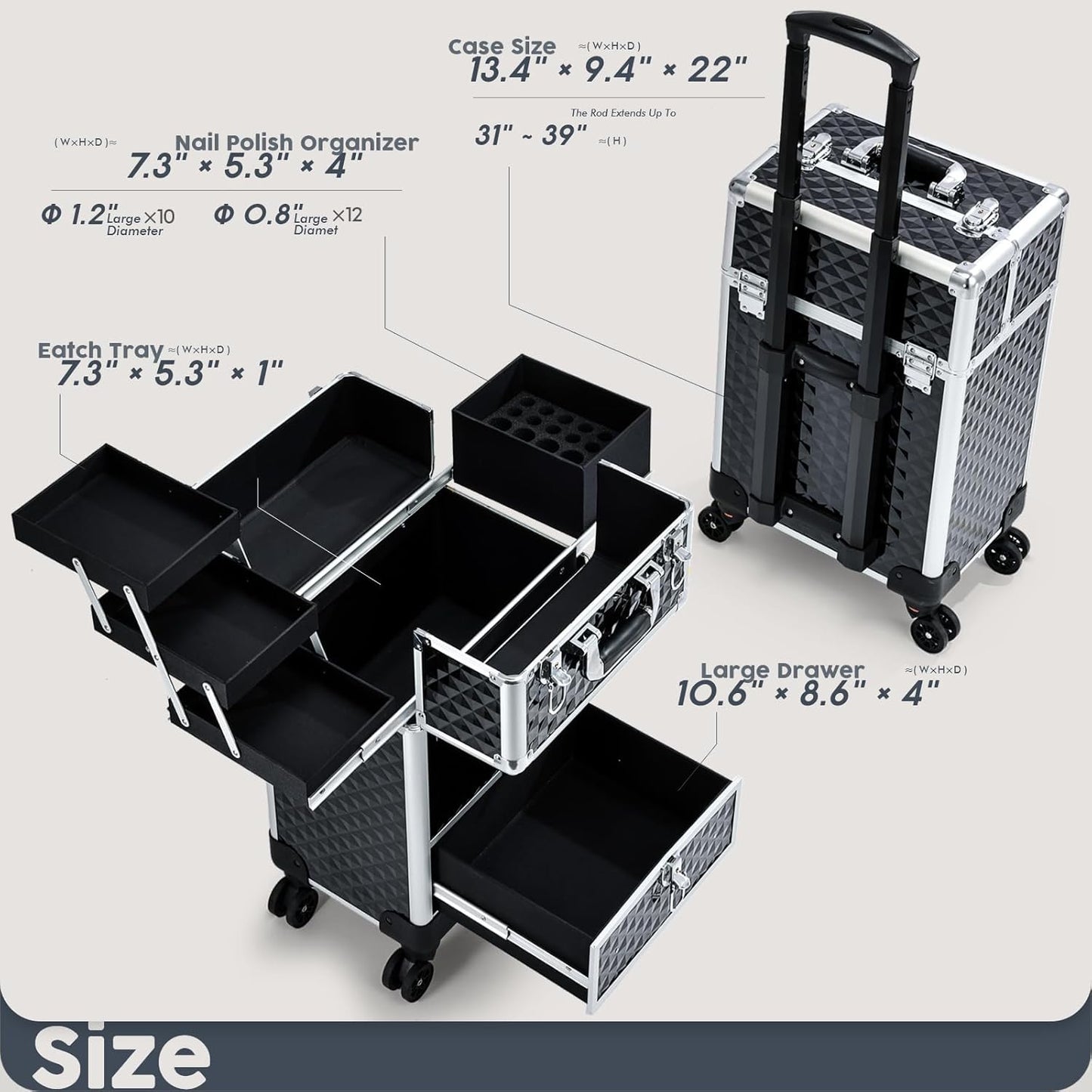 Rolling Makeup Case Cosmetic Travel Trolley Storage Sliding Drawer 4 Tray Makeup Travel Case