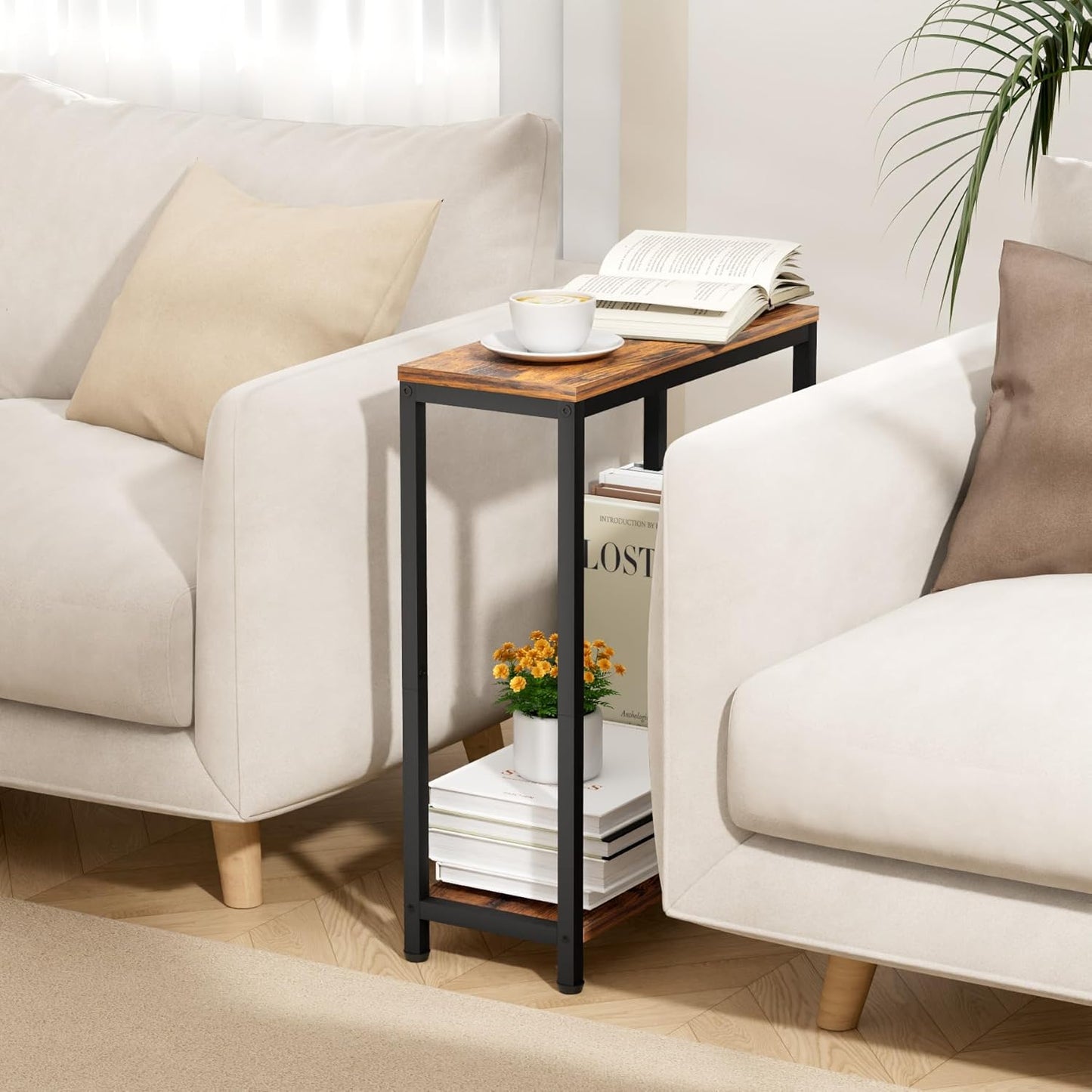 Narrow Small Side Table for Small Space, 2 Tier Sofa Skinny End Table for Living Room, Bedroom