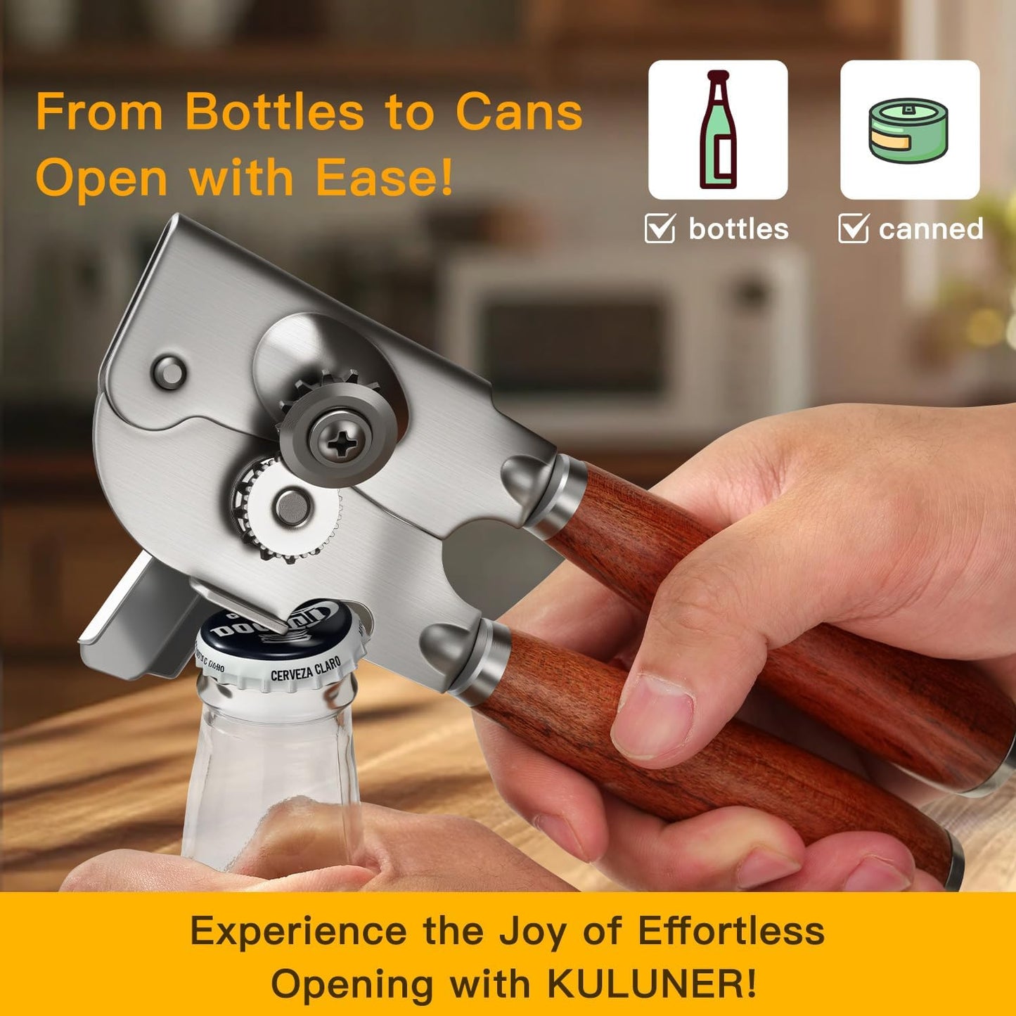 Manual Can Opener with Solid Wood Handle, Sharp Smooth Edge Blade