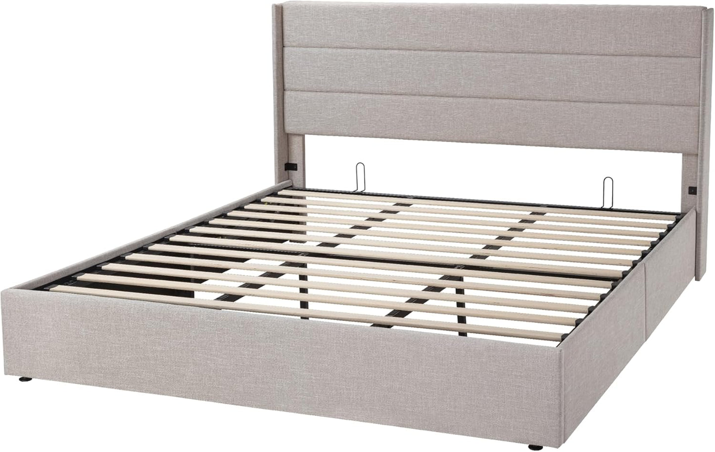 King Size Lift Up Storage Bed, Modern Wingback Headboard, Hydraulic Support, No Box Spring Needed