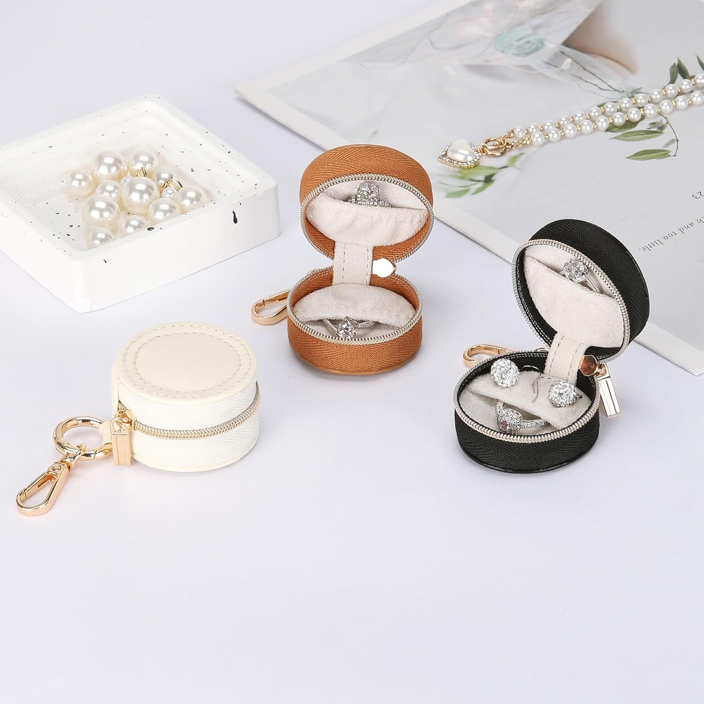 Jewelry Ring Holder Box with Keychain, Small Travel Ring Earring Stud Necklace Storage Case
