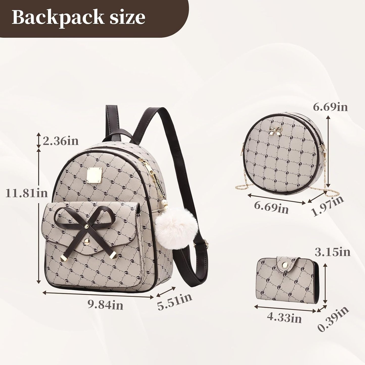 3-Pieces Girls Bowknot Fahsion Leather Backpack Backpack Purse for Women Rucksack