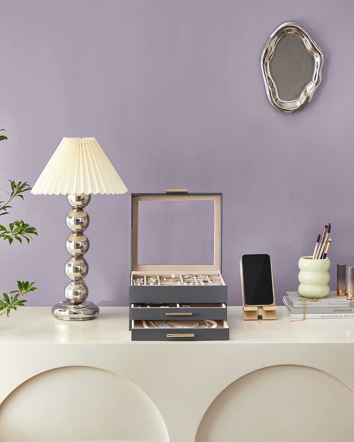 Jewelry Box Organizer with Glass Lid, 3-Layer Jewelry Storage, with 2 Drawers, Modern Style,Interstellar Gray and Gold Color