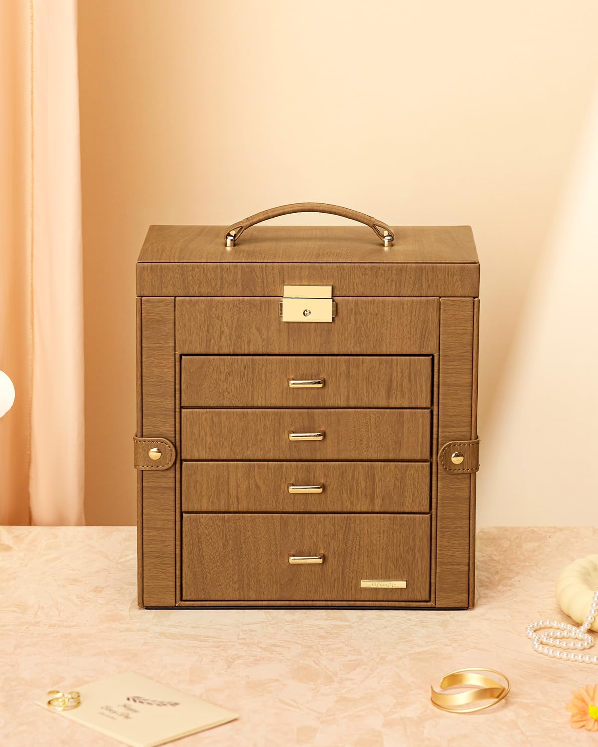 Synthetic Leather Huge Jewelry Box Mirrored Watch Organizer Necklace Ring Earring Storage Lockable