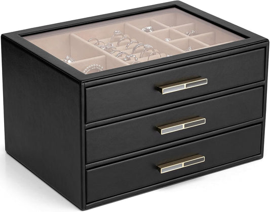 Jewelry Box for Women, Glass Lid Jewelry Organizer with 3 Drawers for Necklaces Rings Earrings Bracelets-Black