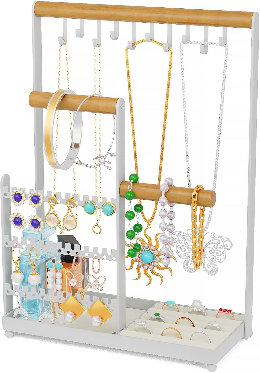 Jewelry Display Rack with 36 Holes Earring Holder, 10 Hooks Necklace Organizer, Velvet Ring Holder Dish