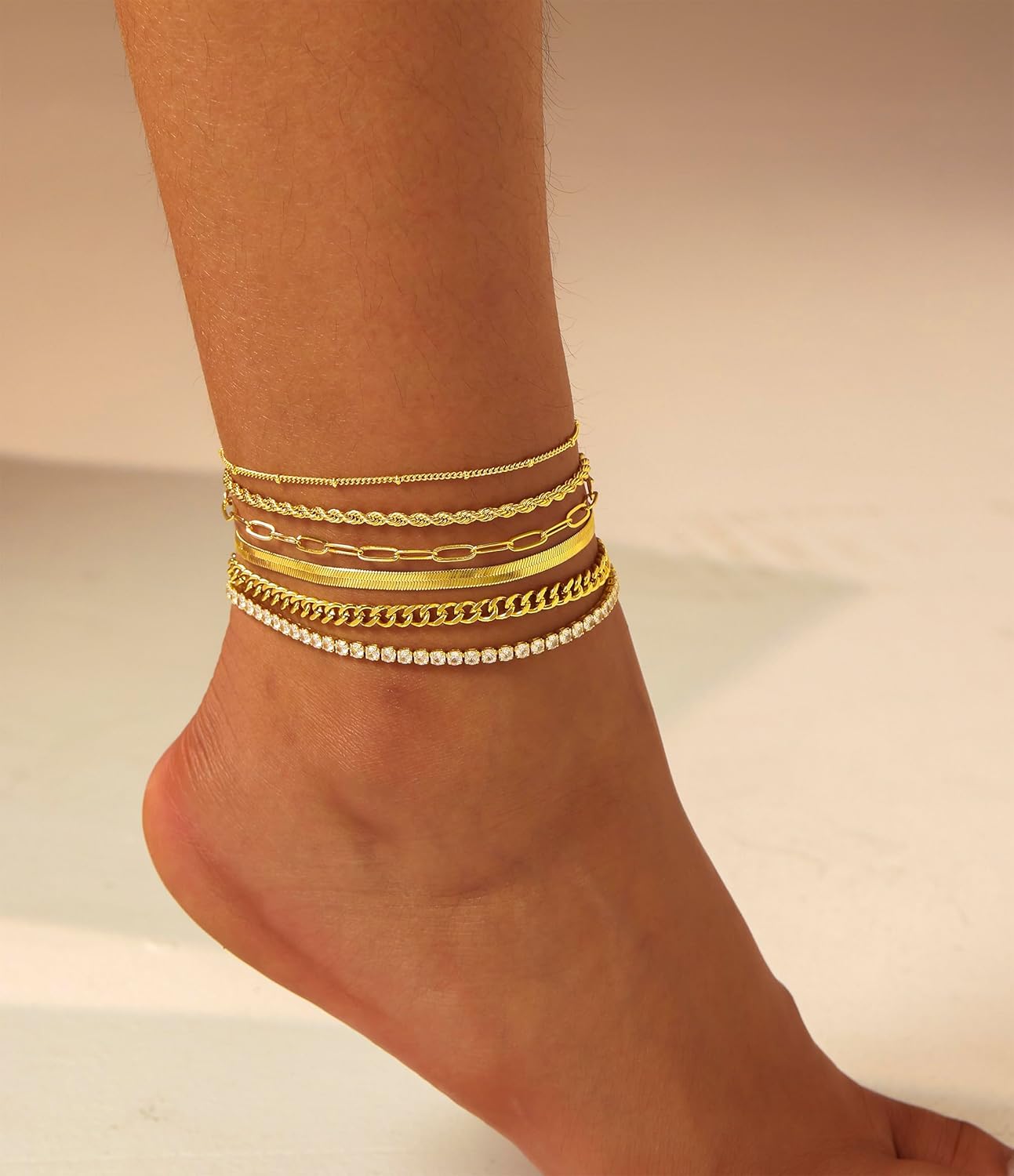 Gold  Ankle Bracelets for Women  - Dainty 6count  Anklets  Anklets Set Pack Summer Beach