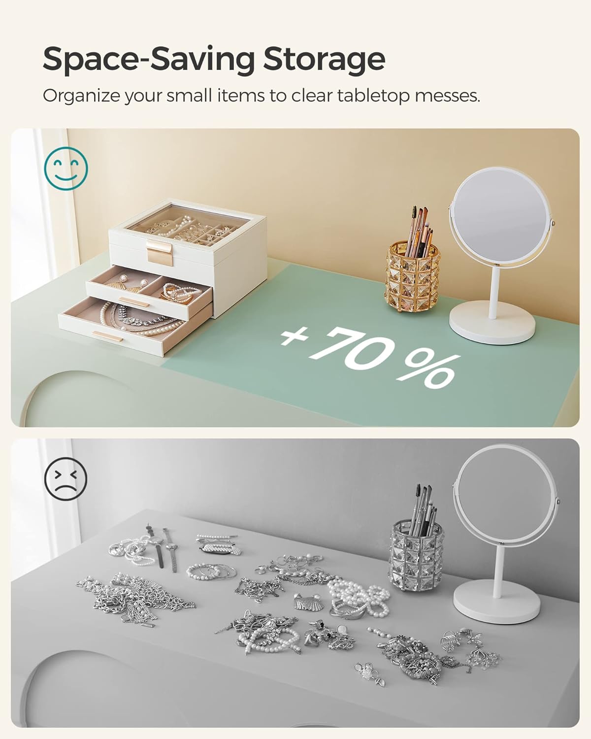 Jewelry Box Organizer with Glass Lid, 3-Layer Jewelry Storage, with 2 Drawers, Modern Style, Cloud White and Gold Color